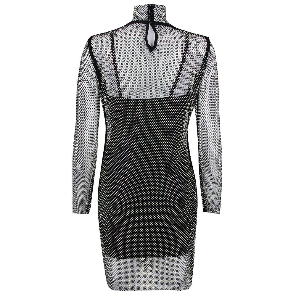 New Sexy Diamond rhinestone Mesh Cover Up With Black Bodycon Two Piece Sets Crystal Fishnet Nigh Club Evening Party Dress