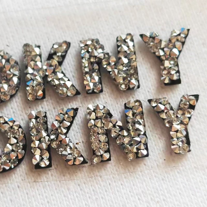 Wholesale custom crystal diamonds shiny black letters Stickers heat transfer printing Hot Fix Adhesive rhinestone label