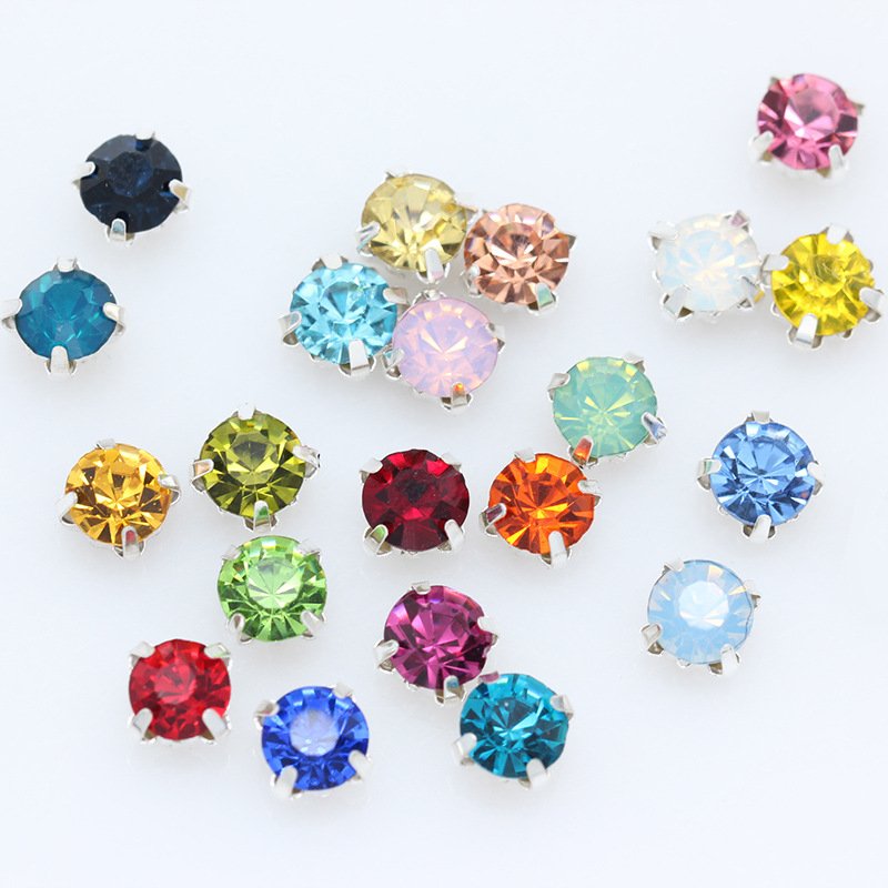 Prong Sew on Strass Beads Crystals Rhinestones with Plated Flatback Claw for Clothing in Sliver Round Colorful Glass Opp Bag