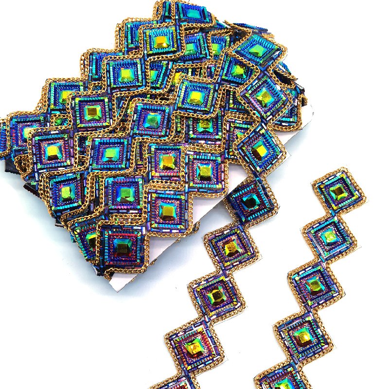 Custom crystal rhinestone dark blue ab applique trim iron on patch trimming for Bahamas carnival outfit project costumes