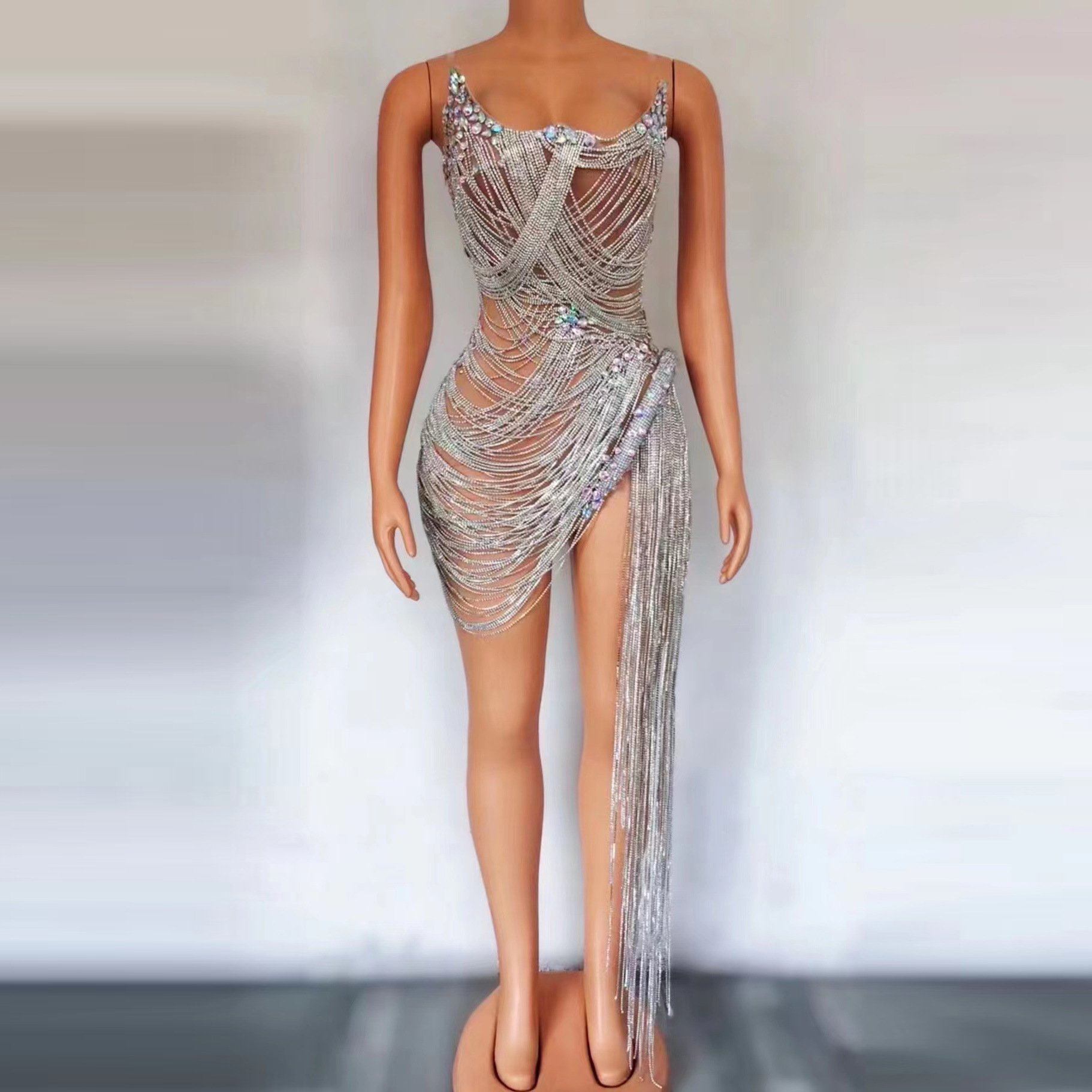 Women Dress Summer 2024 Rhinestone Corset Dress Fringed Spaghetti Birthday Dress Robe De Soiree Elegant Sexy