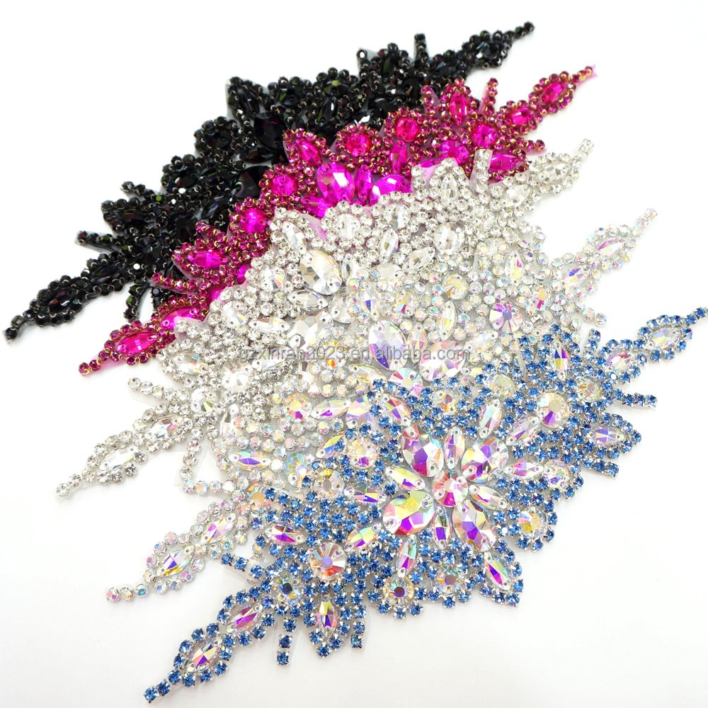 PE001 hot selling crystal bridal beaded rhinestone applique iron on crystal bodice patches
