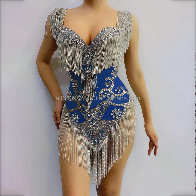Sparkly Silver Rhinestone Fringe Transparent Bodysuit Women Dancer Show Celebrate Prom Bar Birthday Outfit