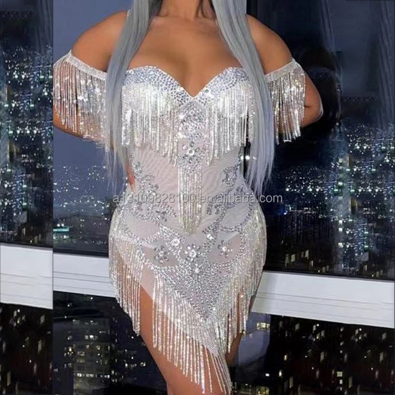 Sparkly Silver Rhinestone Fringe Transparent Bodysuit Women Dancer Show Celebrate Prom Bar Birthday Outfit