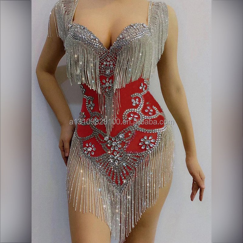 Sparkly Silver Rhinestone Fringe Transparent Bodysuit Women Dancer Show Celebrate Prom Bar Birthday Outfit