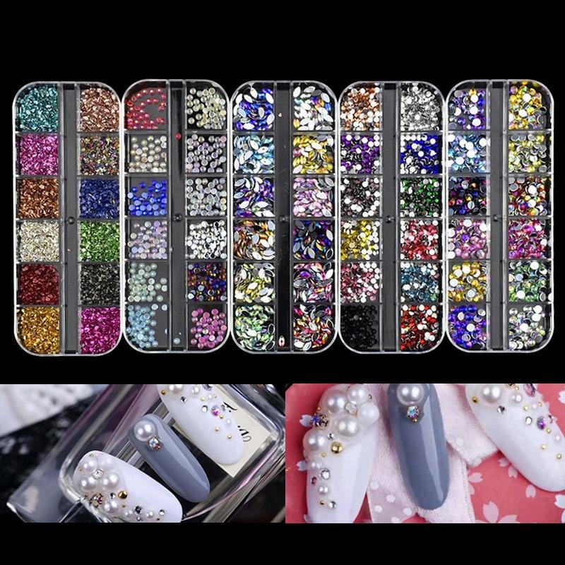 12 Grid Flat Back Diamond Crystals Stone Nail Art Rhinestones Kit Press on Nails Set