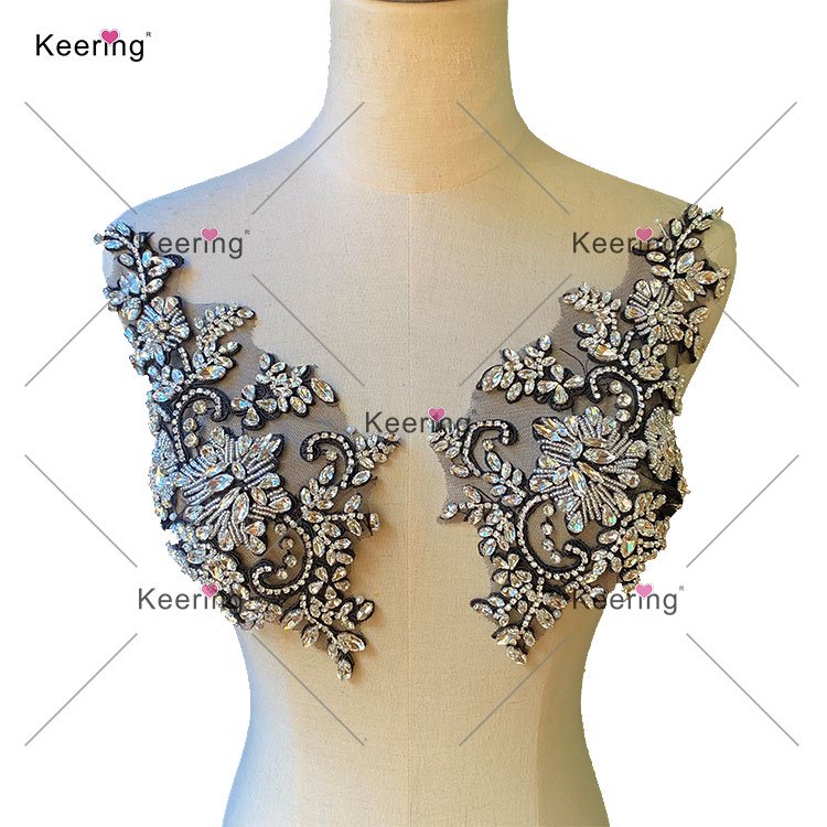 WDPE-001 Colorful symmetrical rhinestone appliques delicate flower bodice sash applique for bridal bridesmaid dress