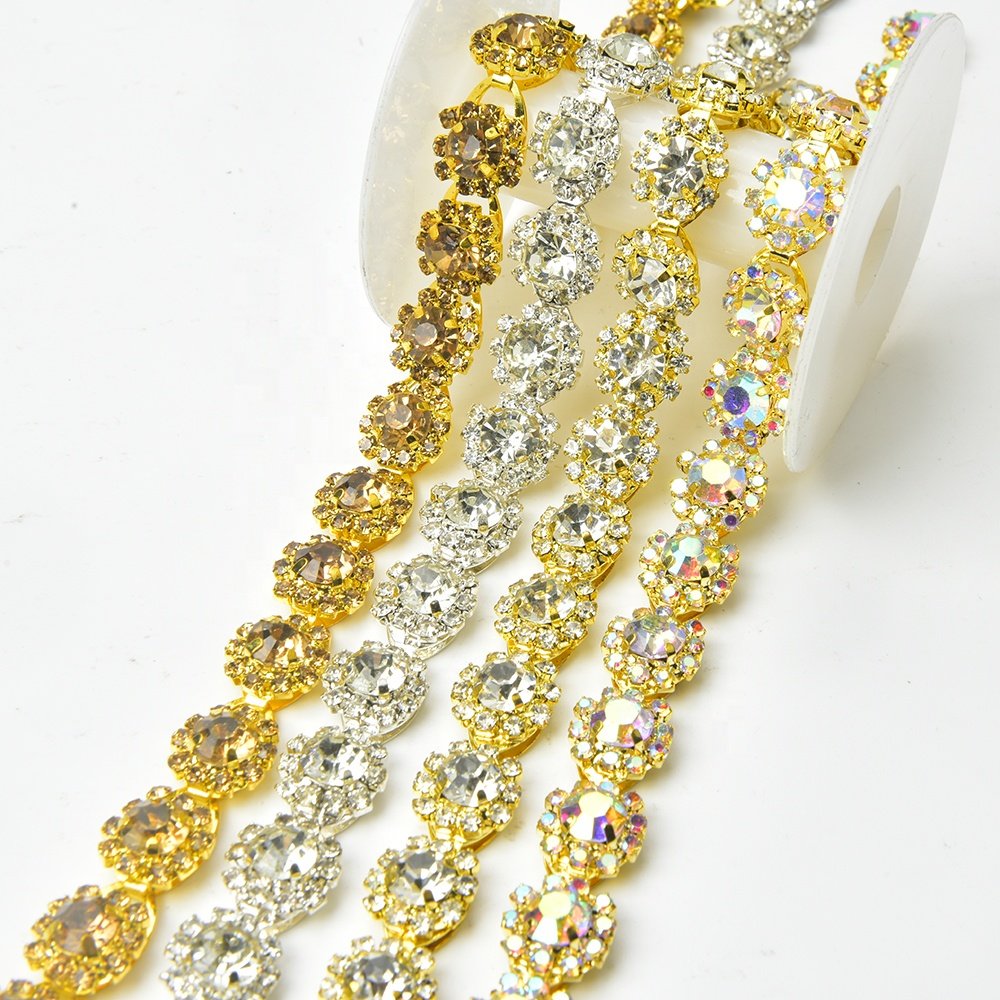 Gold AB Color Rhinestone Sunflower Claw Chain Sew on Wedding Dress Clothing Shoes Accessories Crystal Diamond Trimming