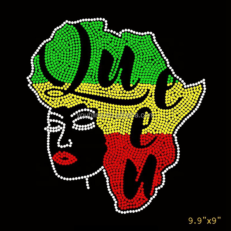 New Hot African Map Wholesale African Girl Bling Sheet Hot fix Afro Rhinestone Transfer Heat iron on Design Afro for t-shirt
