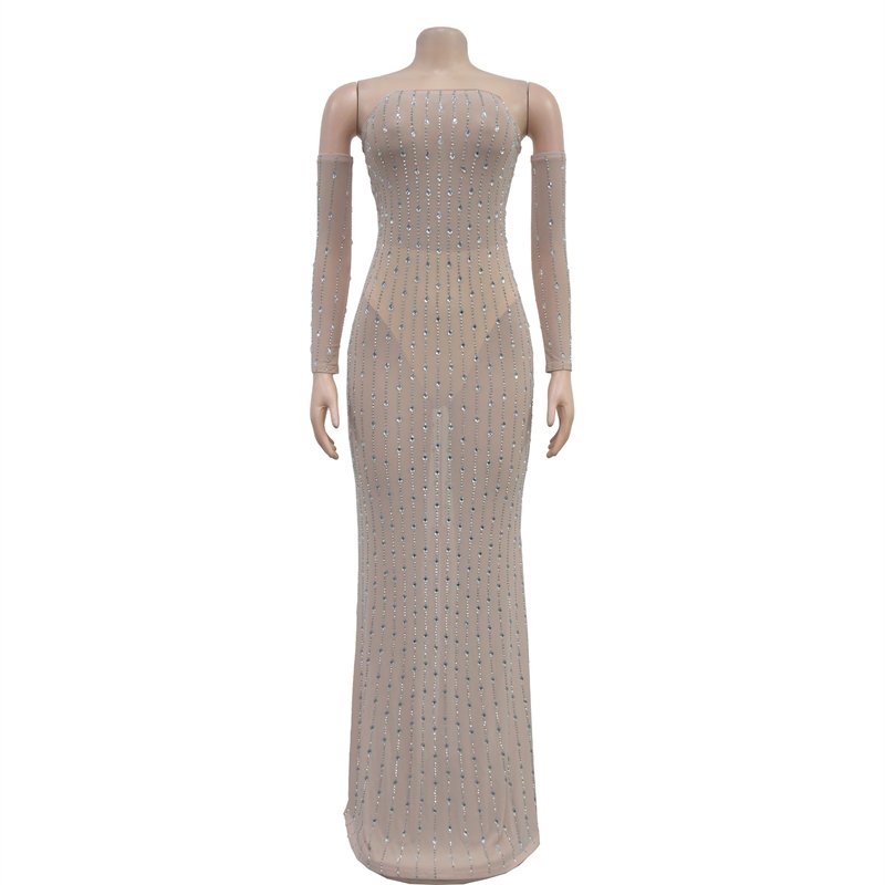 women strapless black elegant rhinestone bead mesh sheer fabric see through sexy maxi long evening dress ball gown with sleeves