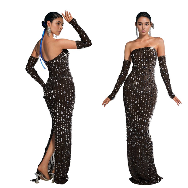 women strapless black elegant rhinestone bead mesh sheer fabric see through sexy maxi long evening dress ball gown with sleeves