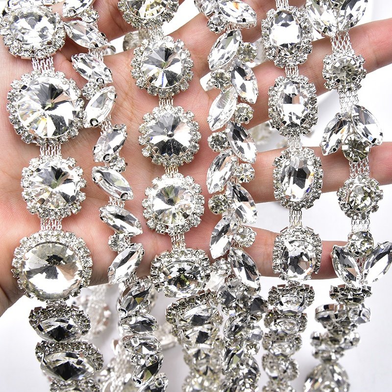 Fancy Bling Glass Rhinestone Crystal Chain Sewing Applique Trimming for Wedding Cake Dress Belt Decoration Garment Accessories