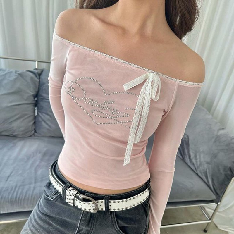 Sweet style lace off-shoulder bow rhinestone mesh short top women Sexy all-match long sleeve t-shirt