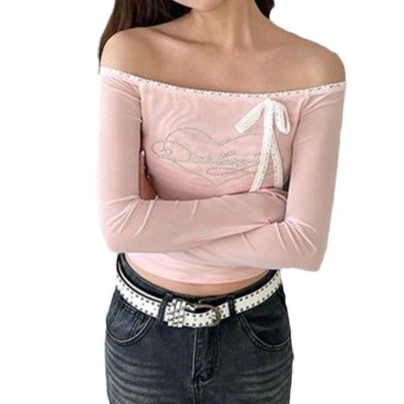 Sweet style lace off-shoulder bow rhinestone mesh short top women Sexy all-match long sleeve t-shirt