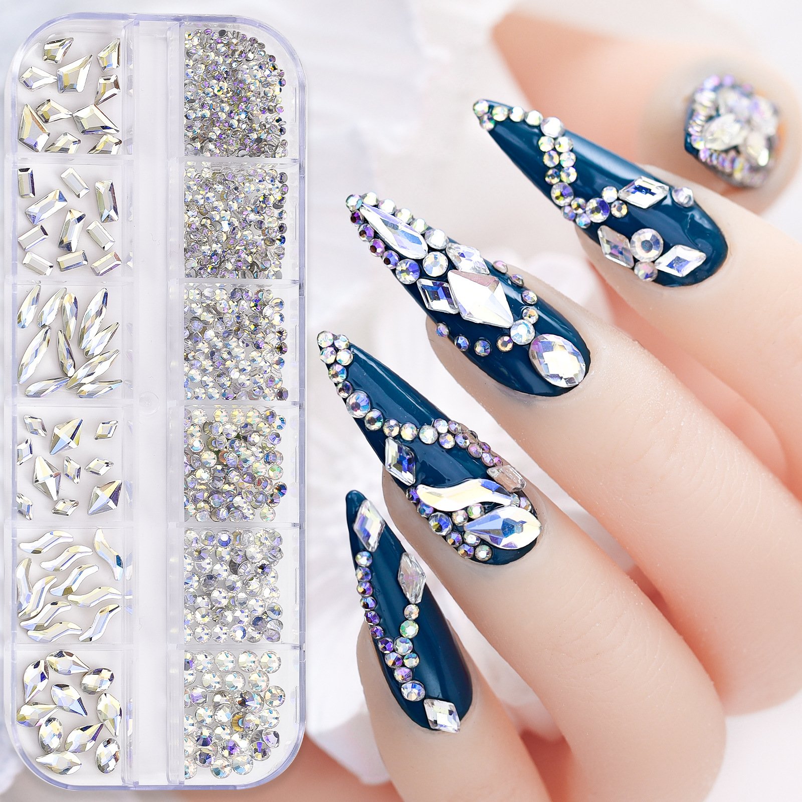 Wholesale 12 Grids Nail Decorations Accessories Glass Beads Silver Ab Color Aurora Mixed Shape Nail Art Rhinestone Set