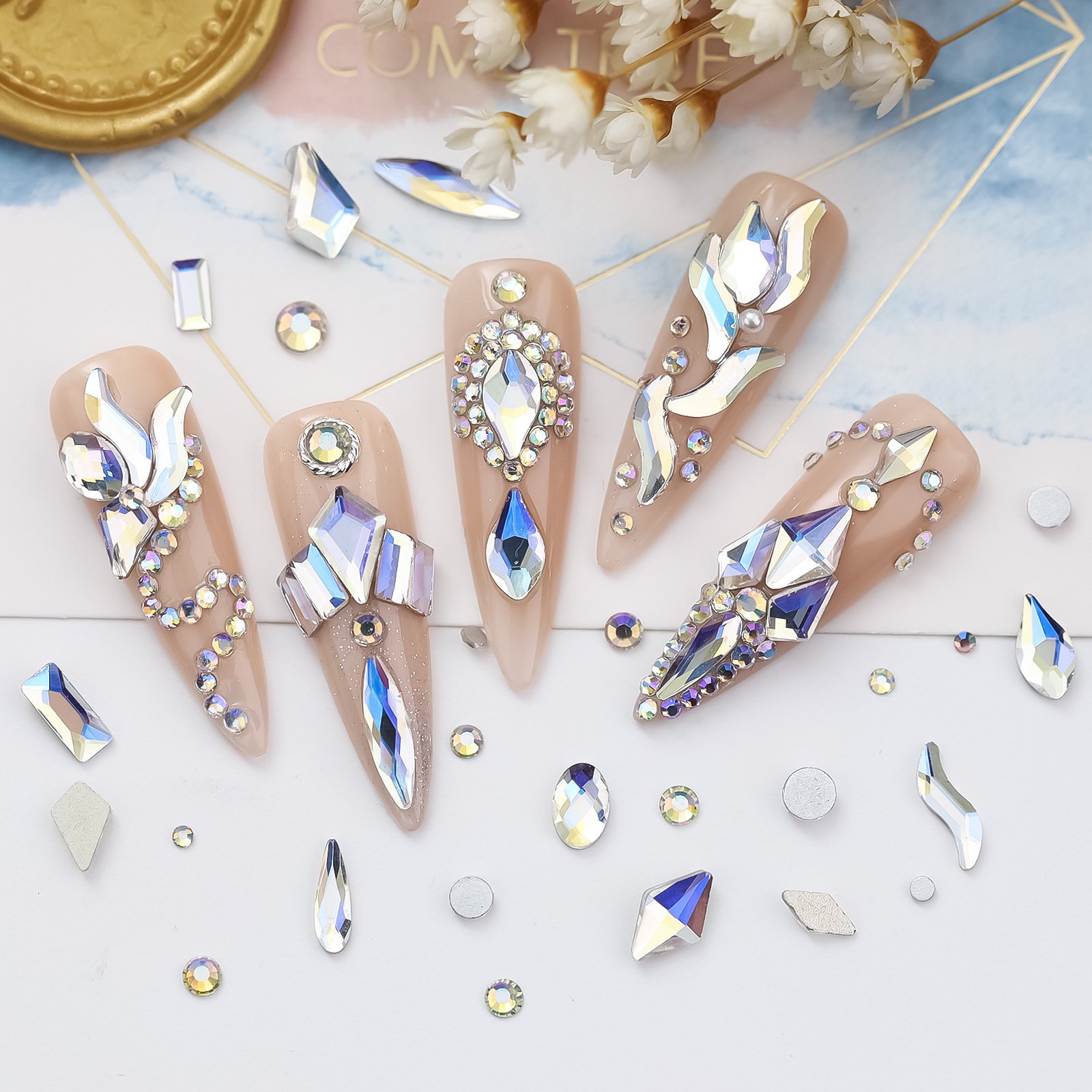 Wholesale 12 Grids Nail Decorations Accessories Glass Beads Silver Ab Color Aurora Mixed Shape Nail Art Rhinestone Set