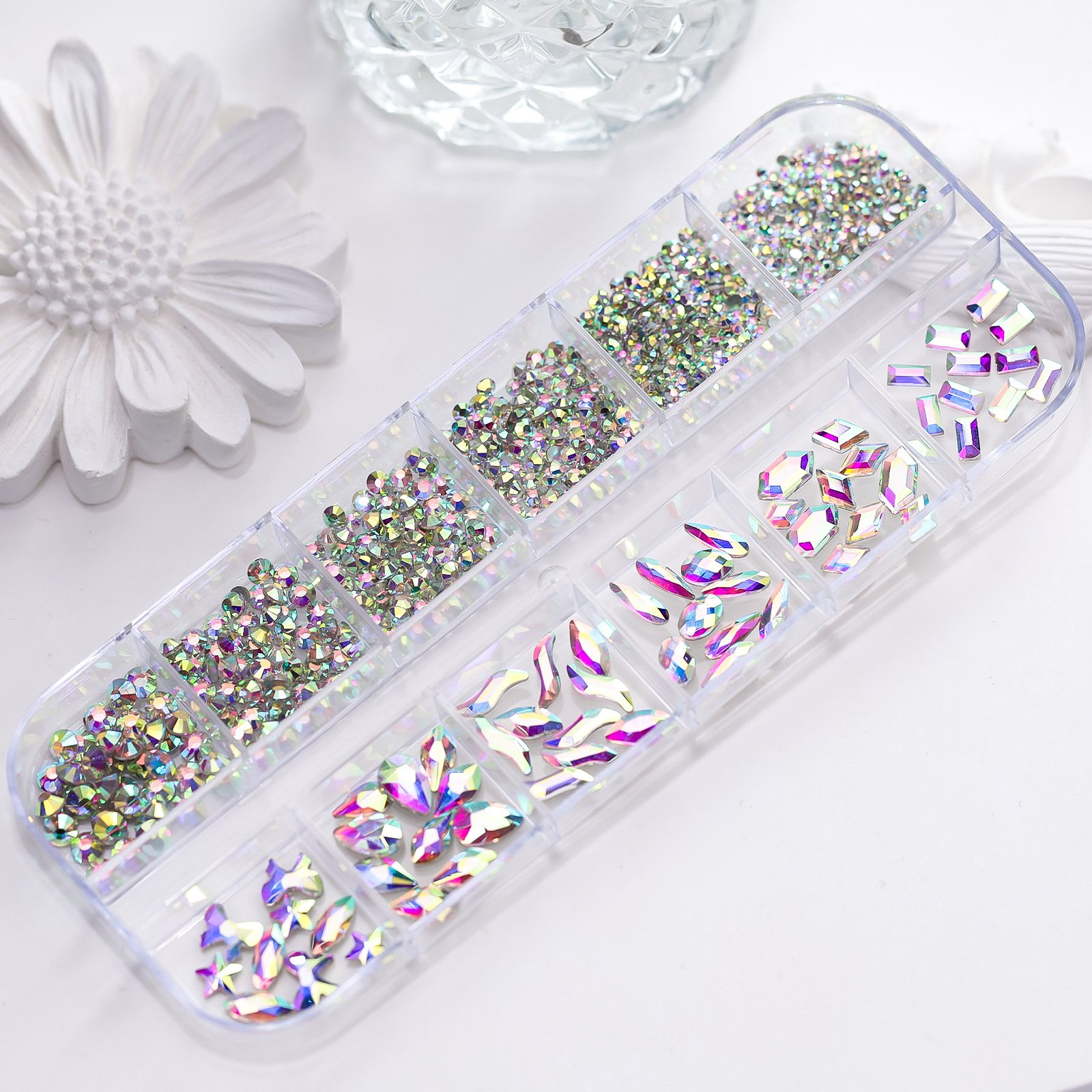 Wholesale 12 Grids Nail Decorations Accessories Glass Beads Silver Ab Color Aurora Mixed Shape Nail Art Rhinestone Set