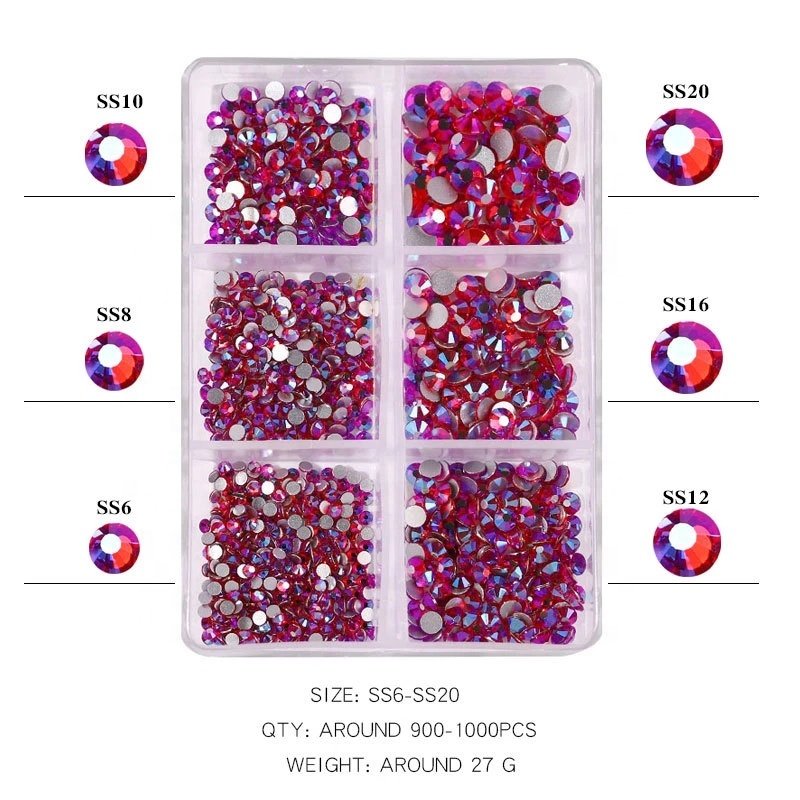 6 Grids Flat-bottom Crystals AB Nail Rhinestone Crystal AB SS6-SS20 Opal Nail Art Charms Diamond Rhinestones for Nail Decoration
