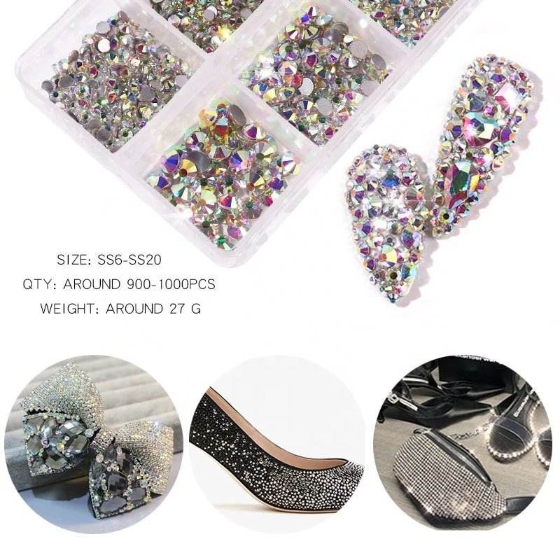 6 Grids Flat-bottom Crystals AB Nail Rhinestone Crystal AB SS6-SS20 Opal Nail Art Charms Diamond Rhinestones for Nail Decoration