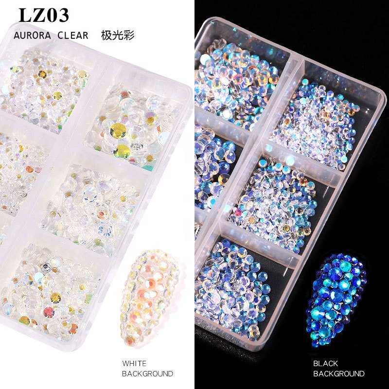 6 Grids Flat-bottom Crystals AB Nail Rhinestone Crystal AB SS6-SS20 Opal Nail Art Charms Diamond Rhinestones for Nail Decoration