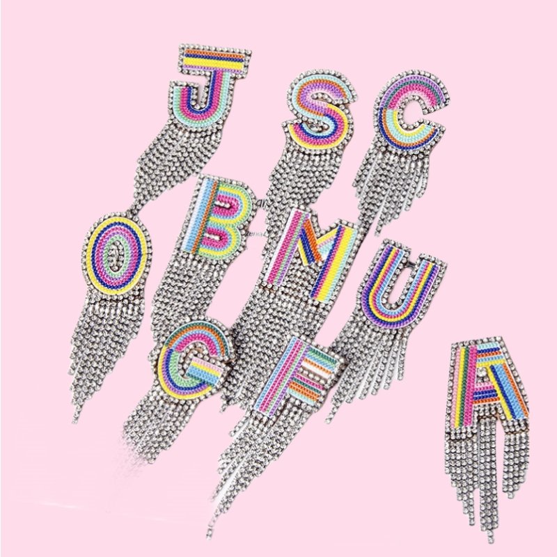 Imported Embroidery Handmade Shiny Waterfall Colorful Letter Rhinestone Crystal Fringe Brooch