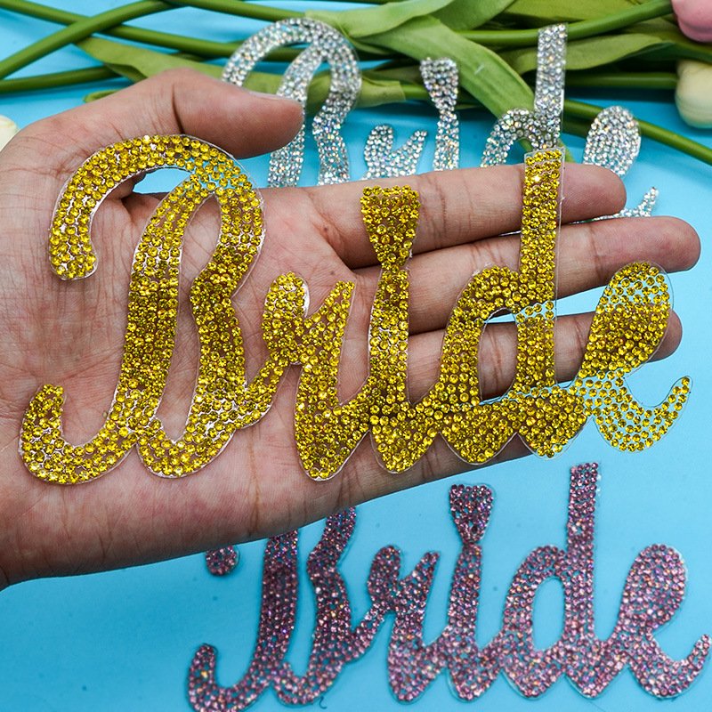Rhinestone Bride ironing on Decal clothes shoes 3D beads crystal letter patch self adhesive DIY decoration patch