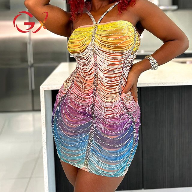 GX0963 Fashion Summer Women Clothing Boutique Street Wear Party Unique Rhinestone Mini Dress Sexy Elegant Dresses