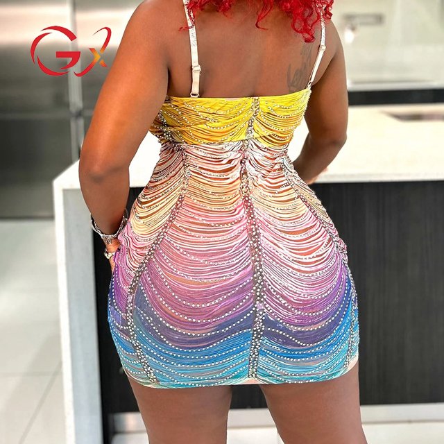 GX0963 Fashion Summer Women Clothing Boutique Street Wear Party Unique Rhinestone Mini Dress Sexy Elegant Dresses
