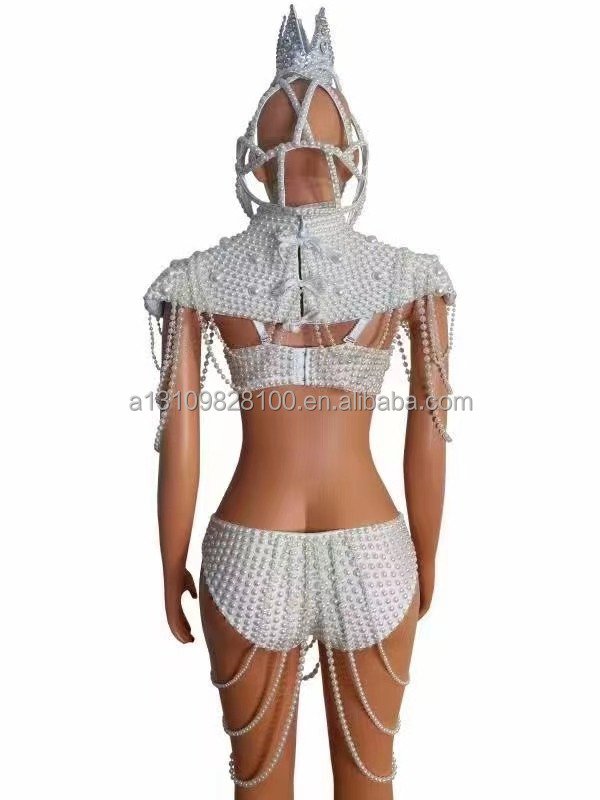 Rave Outfit Festival Clothing Costume Bikini Big rhinestone Pearls Chain HeadGear stage clothing accessories Singer