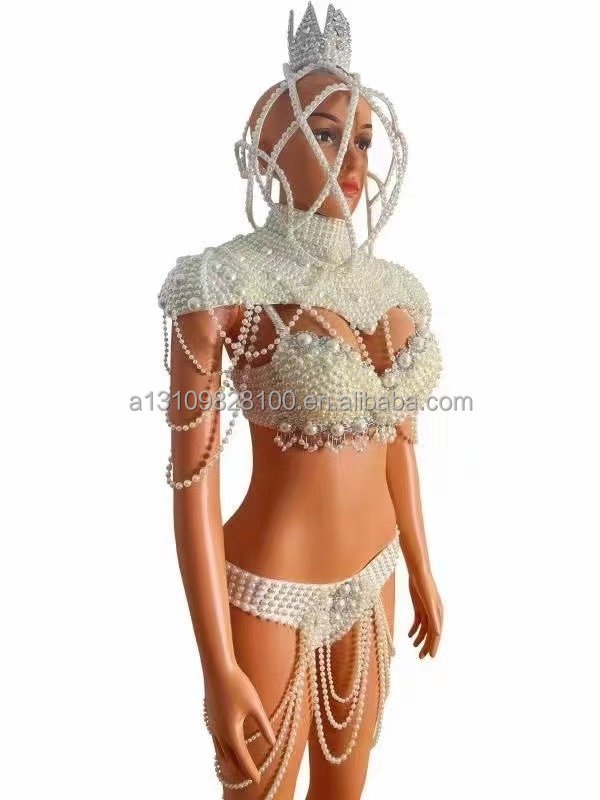 Rave Outfit Festival Clothing Costume Bikini Big rhinestone Pearls Chain HeadGear stage clothing accessories Singer