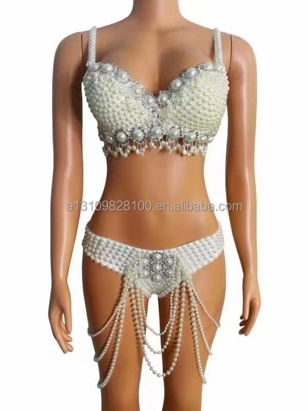 Rave Outfit Festival Clothing Costume Bikini Big rhinestone Pearls Chain HeadGear stage clothing accessories Singer