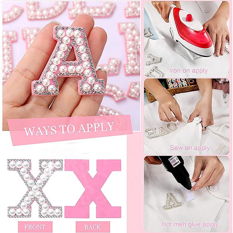 White Stone Diy Crystals Embroidered A-z Letter Applique Rhinestone Letter Patches Diamond Pearl Patches