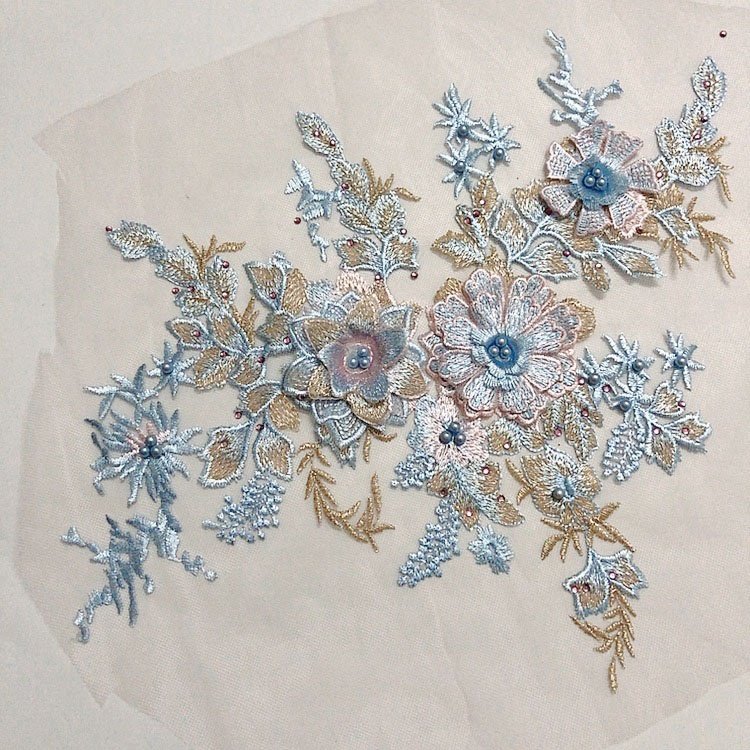 Coloful rhinestone beaded lace applique 3d flower fabric for children dresses LT20413