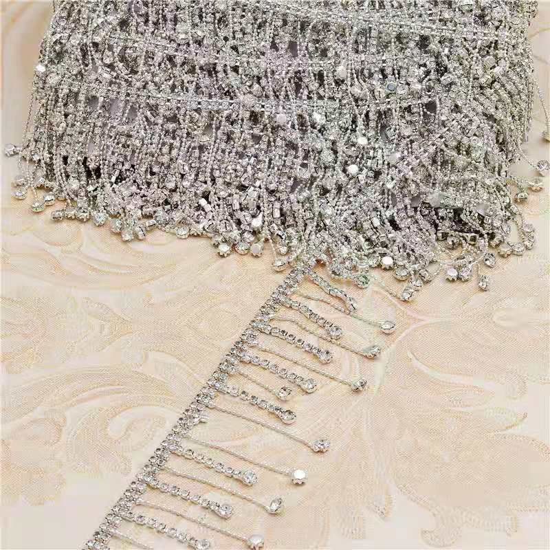 High Quality Long Fringe Pendant Beaded Lace Gold Silver Metal Welding Crystal Rhinestone Tassel Trim