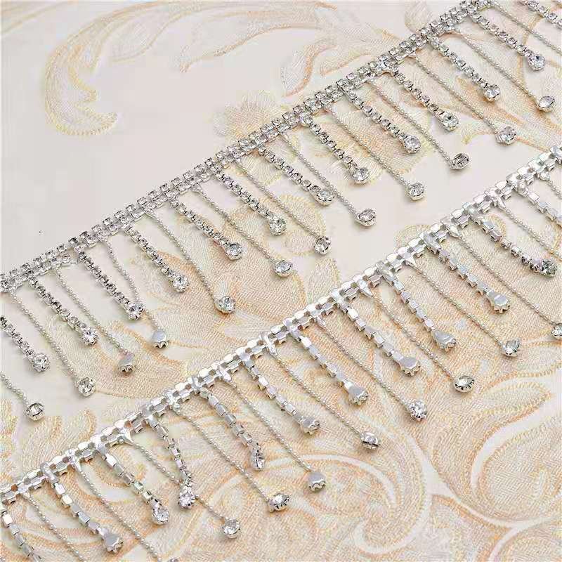 High Quality Long Fringe Pendant Beaded Lace Gold Silver Metal Welding Crystal Rhinestone Tassel Trim
