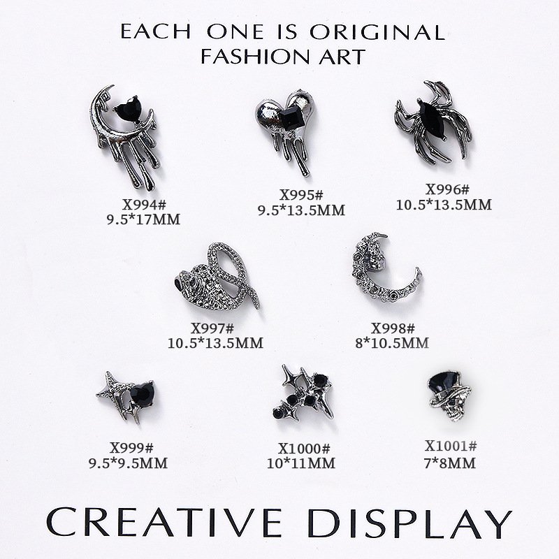Punk metal vintage dark style chrome heart alloy nail art rhinestones for DIY nail decoration charms