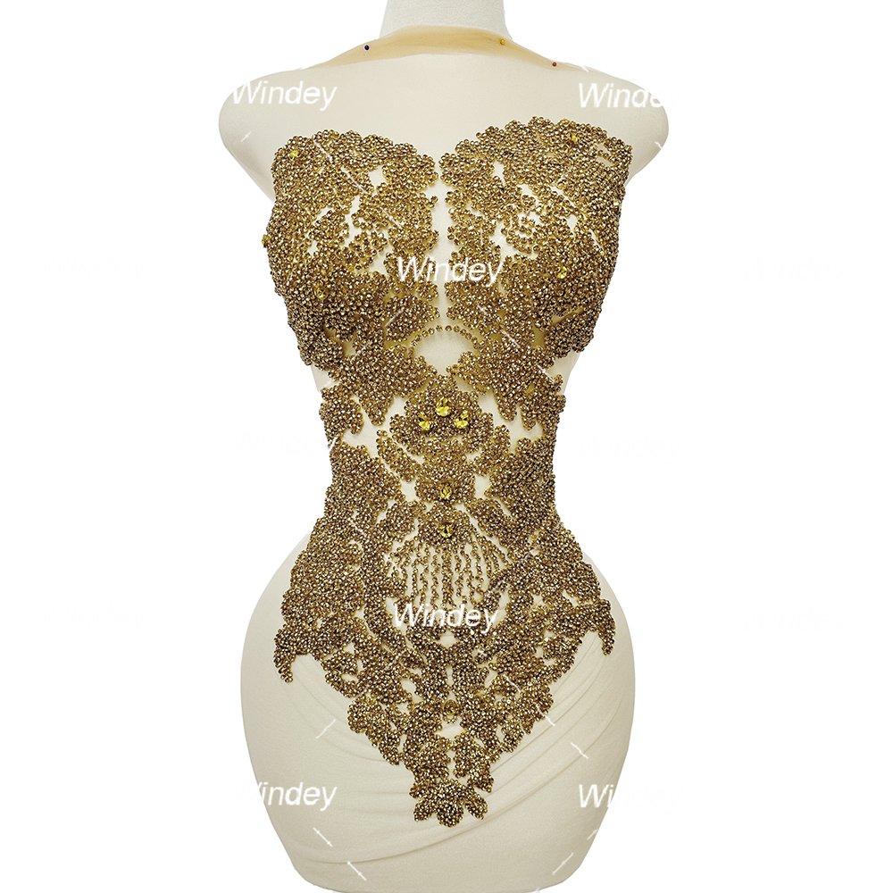 New Design Prom Dress handmade craft Silver Gold Appliques DIY Crystal Glasses Patch Bodice Rhinestone Applique