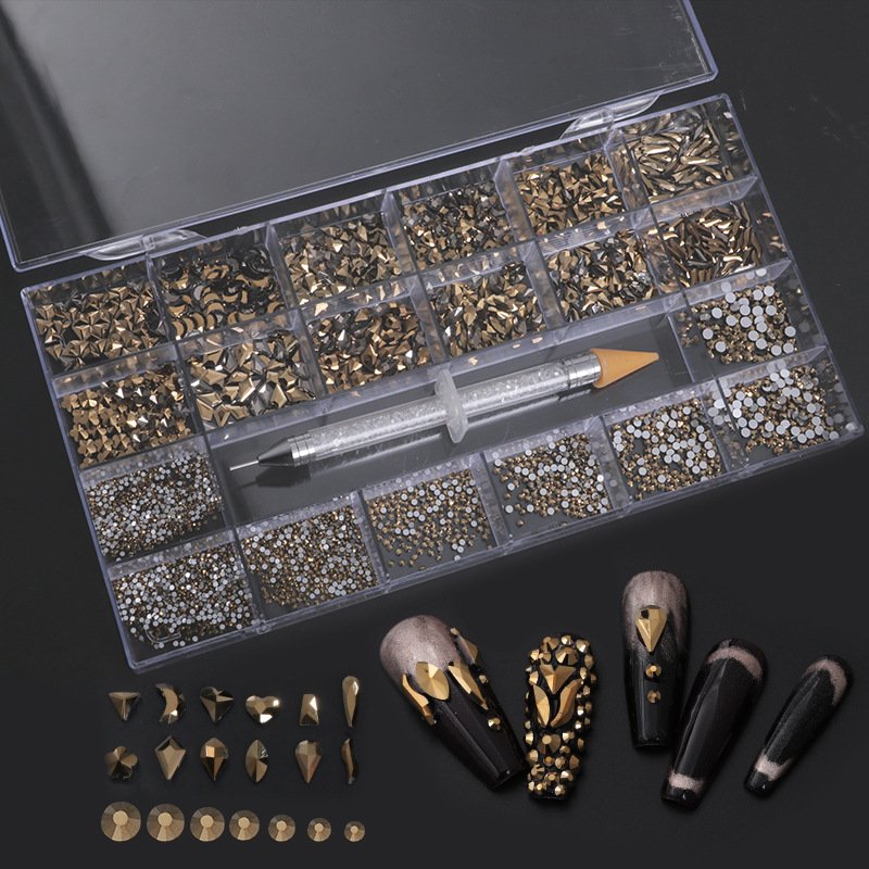Qianya LOW MOQ Green Nails Art Crystals With Boxes Flatback Stone Rhinestones nail set For nail Ab crystals rhinestones