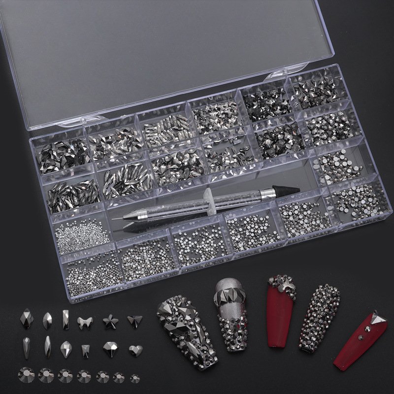 Qianya LOW MOQ Green Nails Art Crystals With Boxes Flatback Stone Rhinestones nail set For nail Ab crystals rhinestones