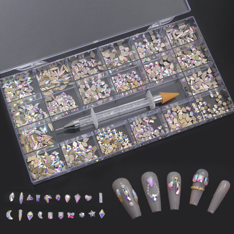 Qianya LOW MOQ Green Nails Art Crystals With Boxes Flatback Stone Rhinestones nail set For nail Ab crystals rhinestones