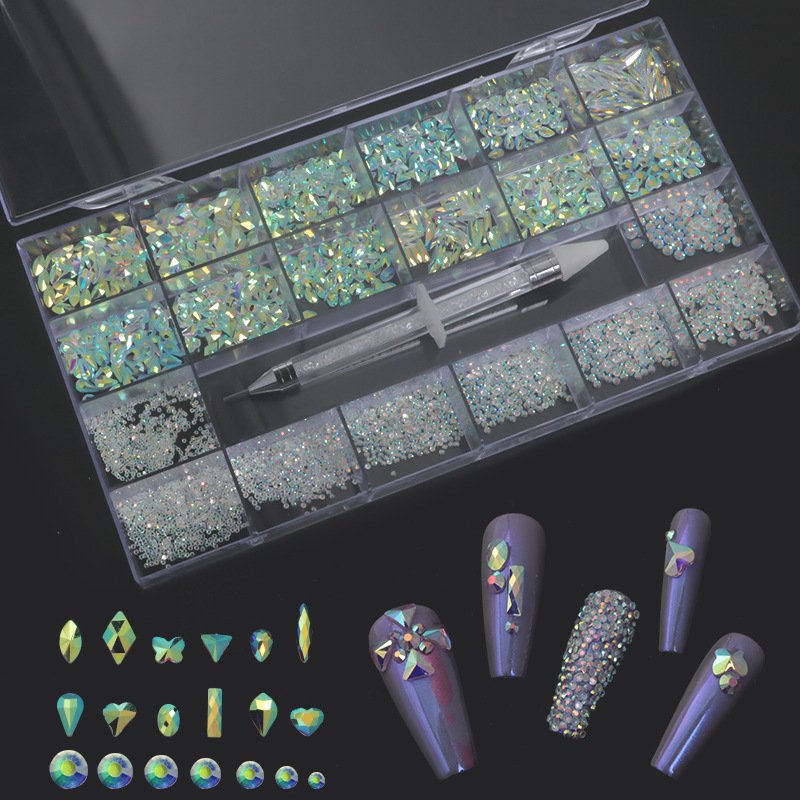 Qianya LOW MOQ Green Nails Art Crystals With Boxes Flatback Stone Rhinestones nail set For nail Ab crystals rhinestones