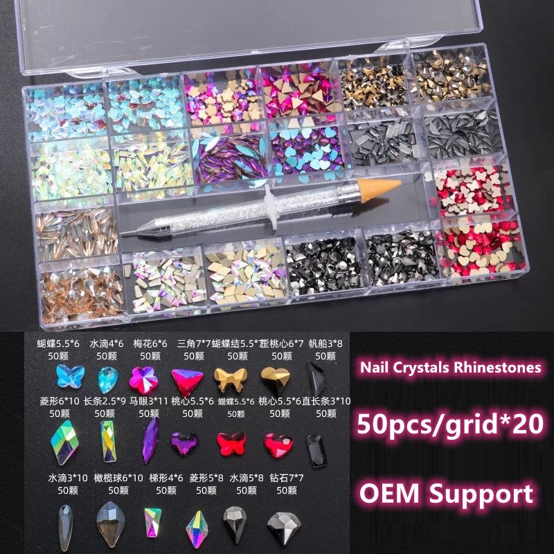 Qianya LOW MOQ Green Nails Art Crystals With Boxes Flatback Stone Rhinestones nail set For nail Ab crystals rhinestones