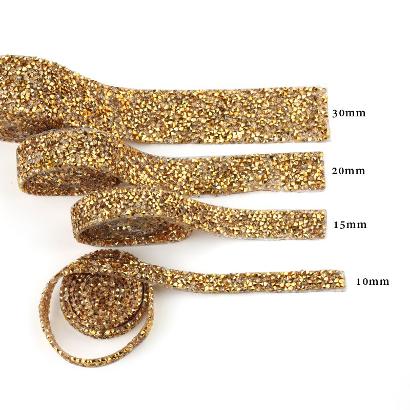 Qiao 1yard Golden Rhinestones Crystal Chain Hot Fix Glitter Dress Rhinestone Motifs Ribbon Hot-Fix Patches Applique