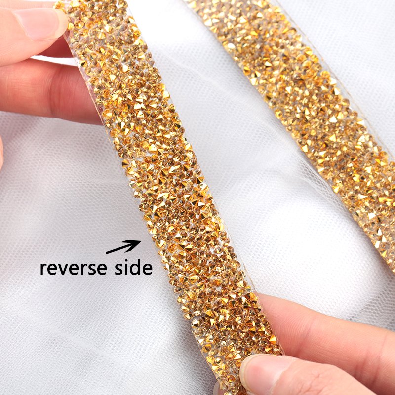 Qiao 1yard Golden Rhinestones Crystal Chain Hot Fix Glitter Dress Rhinestone Motifs Ribbon Hot-Fix Patches Applique