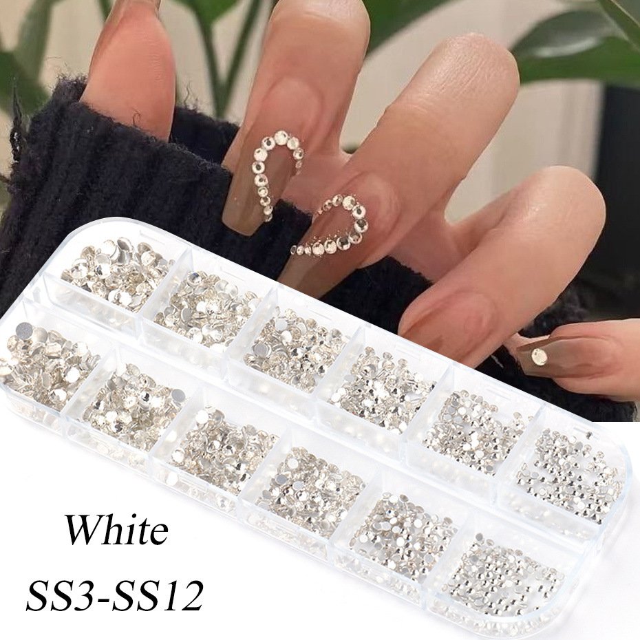 New 12 Grid Box White AB Popular Shiny Nail Art Diamond Glass Flat Bottomed Diamond Nail Rhinestones
