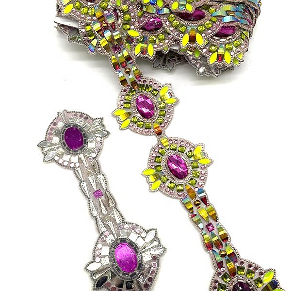 2024 Carnival Costume decoration customized colorful AB iron on hot fix rhinestone fabric trimming for women clothing