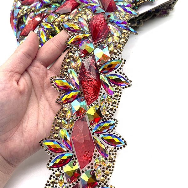 2024 Carnival Costume decoration customized colorful AB iron on hot fix rhinestone fabric trimming for women clothing