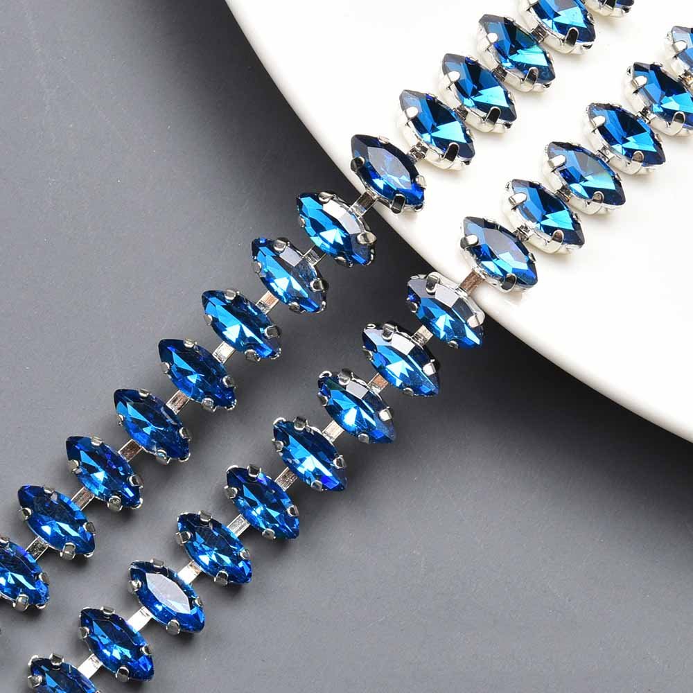 JFRC050 Marquise Handmade Rhinestone Trim Chain Beautiful Crystal Diamond Flower Trims Silver Base Diy Costume Applique Dress