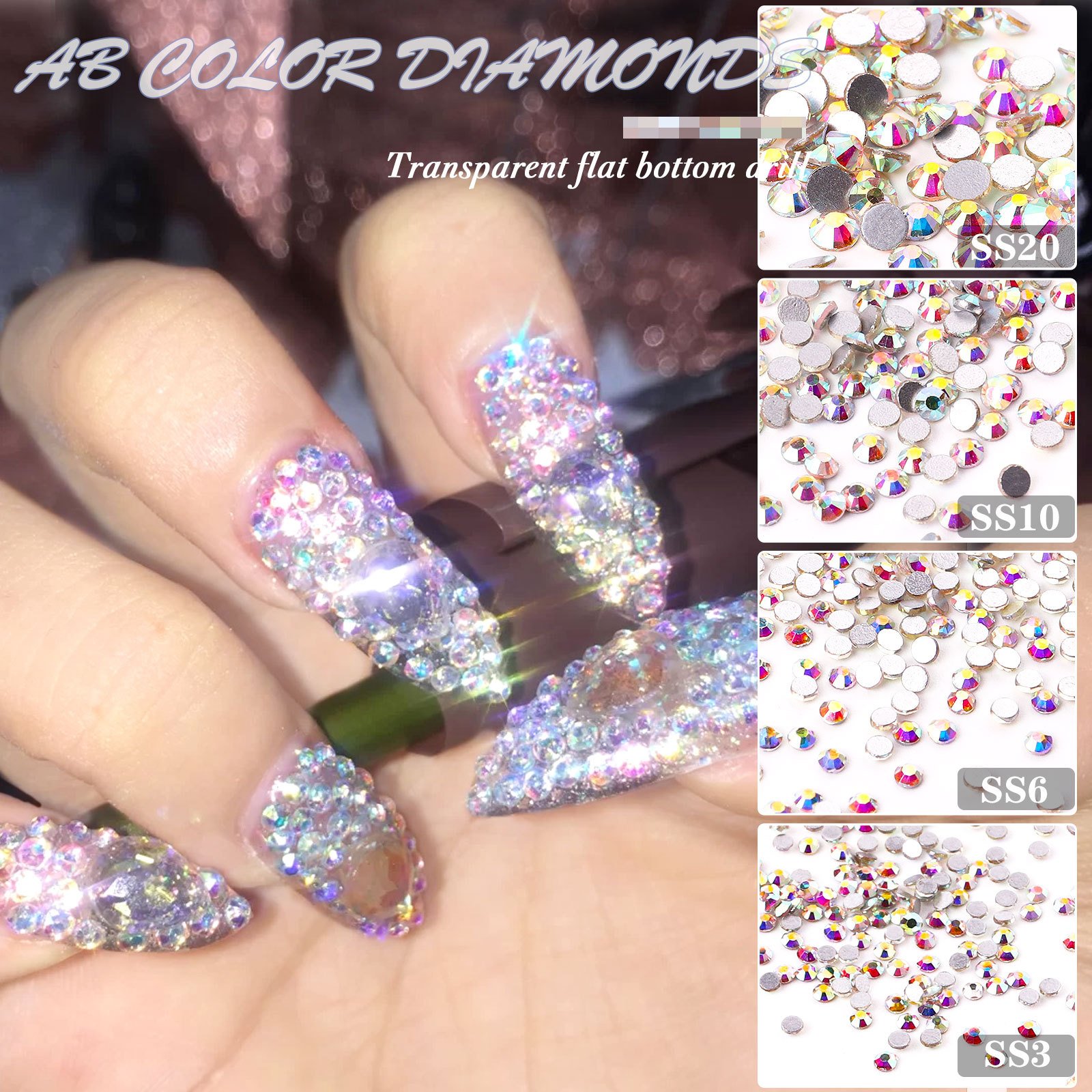 Professional 3D Glass Gems Nails Art Decoration Clear AB SS3-SS10 Mix Size Crystal Flat Back Nail Rhinestones