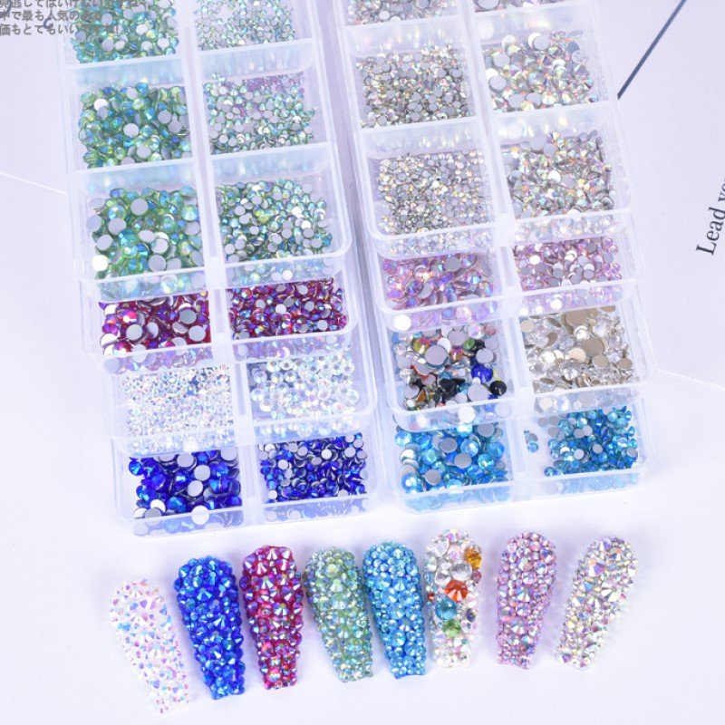 Hot Sale 6 Grid Flat Back Diamond Crystals Stone Nail Art Rhinestones Kit Press on Nails Set
